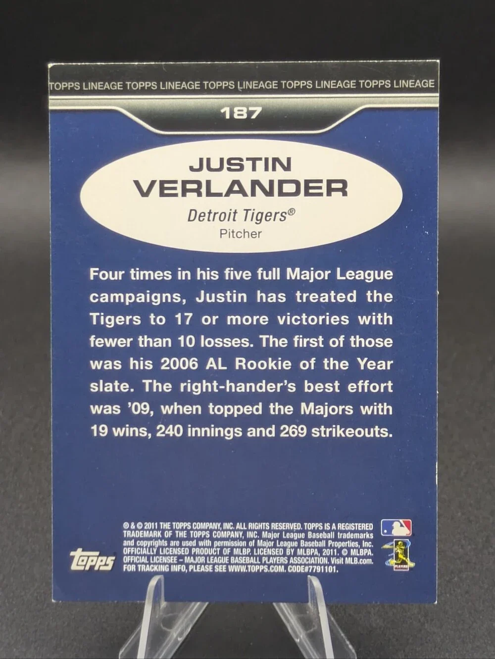 2011 Topps Lineage RARE NNOF No Foil Error Justin Verlander #187 Detroit Tigers